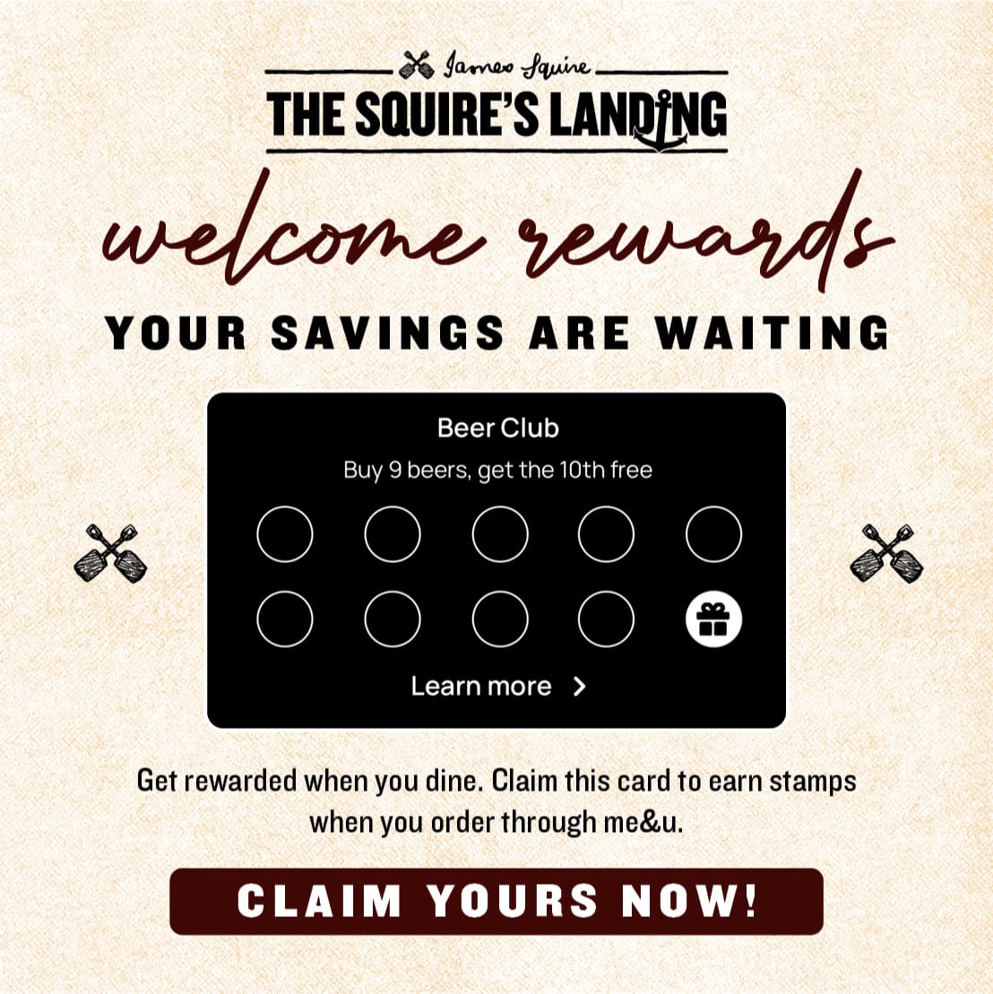 A Squire's Landing rewards stamp card